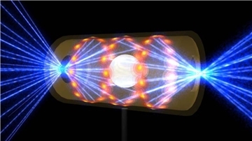 Diese Illustration zeigt ein NIF-Target-Pellet in einer Hohlraumkapsel mit Laserstrahlen, die durch Öffnungen an beiden Enden eintreten. Die Strahlen komprimieren und erhitzen das Target auf die Bedingungen, die für die Kernfusion erforderlich sind.