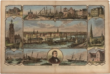 Diese kolorierte Lithografie umfasst elf Einzelansichten Bremerhavens mit einem Medaillon von Johann Smidt aus dem Jahr 1875.