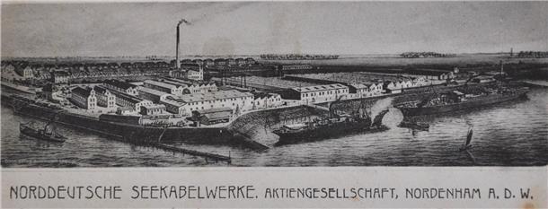 Diese Postkarte aus dem Jahr 1925 zeigt die Norddeutschen Seekabelwerke. Die Kabelwerke sind Motiv auf einer ganzen Reihe historischer Postkarten.