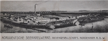 Diese Postkarte aus dem Jahr 1925 zeigt die Norddeutschen Seekabelwerke. Die Kabelwerke sind Motiv auf einer ganzen Reihe historischer Postkarten.