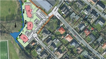 Das Foto zeigt eine Projektskizze der Gemeinnützigen Nordenhamer Siedlungsgesellschaft. An der Straße Am Kiebitzberg möchte sie drei Mehrfamilienhäuser errichten.