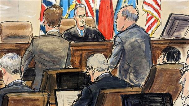 Sender Fox zahlt Wahlmaschinenfirma 787,5 Millionen Dollar Diese Skizze aus dem Gerichtssaal zeigt Dominion-Anwalt Justin Nelson (2.v.l) und Fox-Anwalt Daniel Webb (r) im Gespräch mit Richter Eric Davis im Delaware Superior Court.