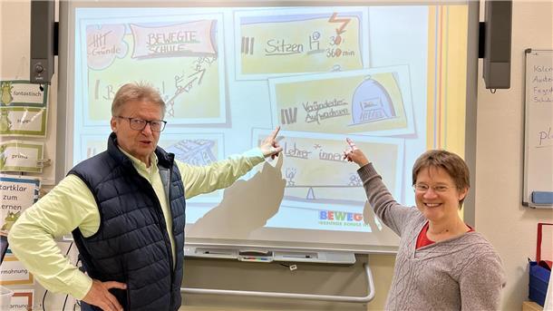 Ein Mann und eine Frau zeigen auf ein Smartboard