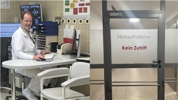 Das Bild ist zweigeteilt. Links sitzt ein Arzt im Büro an seinem Rechner. Rechts ist die Eingangstür zur Notaufnahme zu sehen.