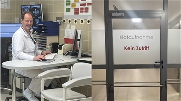 Das Bild ist zweigeteilt. Links sitzt ein Arzt im Büro an seinem Rechner. Rechts ist die Eingangstür zur Notaufnahme zu sehen.
