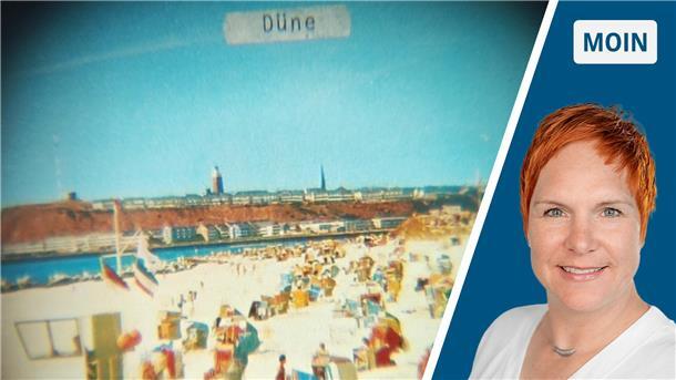 Geteiltes Bild: Strandfoto Helgoland aus den 1970er Jahren. Porträt einer Frau mit roten Haaren.