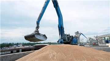 Ein Bagger verlädt in einem Getreidehafen im ukrainischen Ismajil Getreide in ein Frachtschiff.