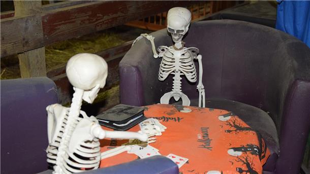 Halloween in Butjadingen: Auf der Lama Ranch wird‘s richtig gruselig Zwei Skelette spielen Skat am Tisch.