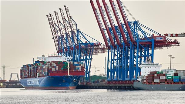 Zeichen stehen auf Kompromiss bei umstrittenem Hafen-Deal Ein Containerschiff von Cosco liegt im Hamburger Hafen.