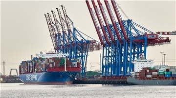 Ein Containerschiff von Cosco liegt im Hamburger Hafen.