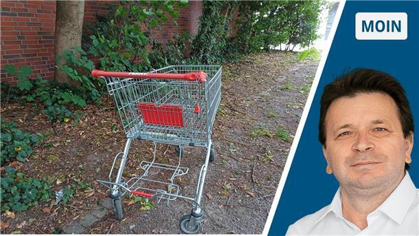 Rechts im Bild ein Einkaufswagen in einem Park, links das Foto von Ismail Kul. 