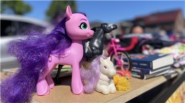 Ein rosa Plastikpferd mit lila Mähne.