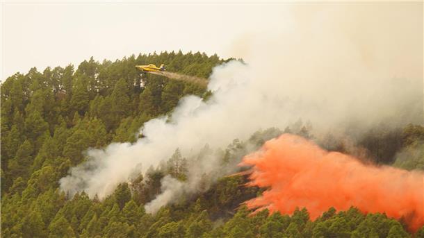 Waldbrand auf Teneriffa breitet sich langsamer aus Ein Löschflugzeug wirft Wasser auf den Waldbrand in der Nähe der Gemeinde El Rosario auf Teneriffa.