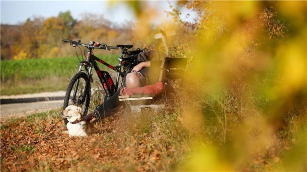 Sonntag noch warm - Wetterumschwung zum Monatswechsel Ein Radfahrer und sein Hund sonnen sich auf der Schwäbischen Alb.