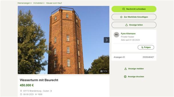 Das war’s mit dem Projekt: Fynn Kliemann verkauft seinen Wasserturm Anzeige auf Kleinanzeigen. Wasserturm für 450.000 Euro.