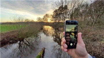 Eine Person hält ein Handy und fotografiert damit die Landschaft.