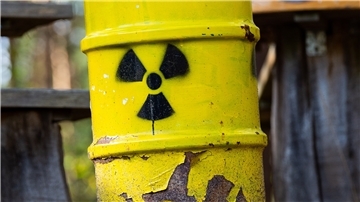 Ein symbolisches Atommüllfass steht unweit vom ehemaligen Erkundungsbergwerk Gorleben im Wald.