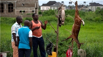 Ein Wildfleischhändler im Gespräch mit potenziellen Kunden im ölreichen Bundesstaat Bayelsa.