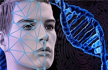 Computerbild mit einem männlichen Gesicht und einer DNA-Helix