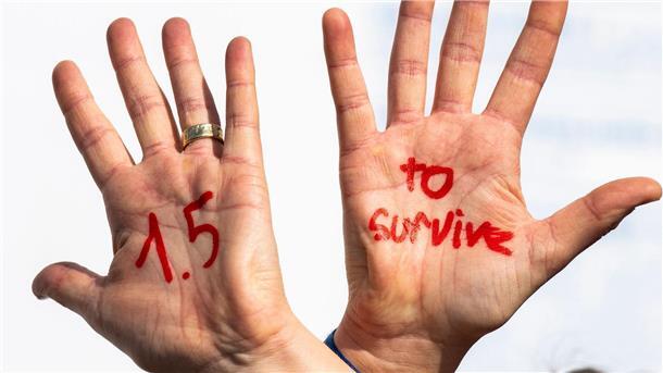 1,5 Grad sind übertroffen - ist das 1,5-Grad-Ziel verfehlt? Eine Demonstrationsteilnehmerin bei einem UN-Klimagipfel hat sich mit roter Farbe „1.5 to survive“ (1,5 Grad, um zu überleben) auf die Hände gemalt. (Archivbild)