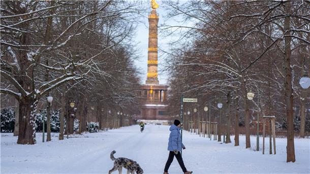 Winterwetter bremst Verkehr in Teilen Deutschlands aus Eine Frau geht mit ihrem Hund vor der Kulisse der Siegessäule im verschneiten Tiergarten in Berlin spazieren.