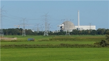 Weiden, dahinter ein Kernkraftwerk und Strommasten.