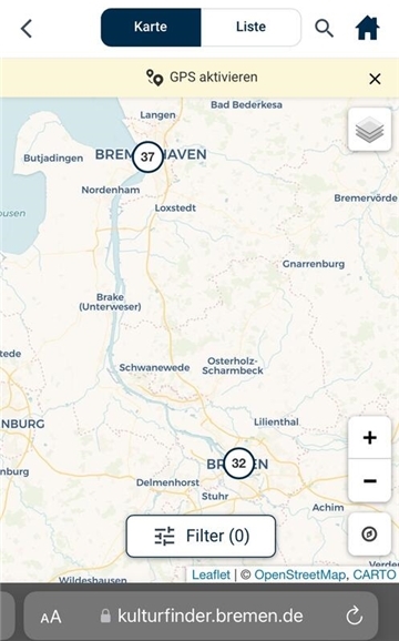 Screenshot der App "Kulturfinder Bremen und Bremerhaven"