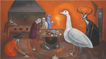 Eine merkwürdige Tischgesellschaft versammelt Leonora Carrington auf ihrem Gemälde „Großmutter Moorheads aromatische Küche“ (1975).