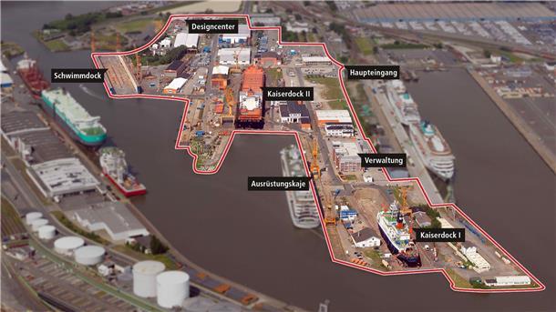Eine Werft ohne Flächen: Die 260.000 Quadratmeter große Betriebsfläche (rot umrandet) war 2012 aus dem Werftvermögen ausgegliedert worden. Diese Vermögenswerte befinden sich in einer Besitzgesellschaft, die jetzt vom Insolvenzverwalter der MV Werften kontrolliert wird. Ohne sie ist der Verkauf und damit die Rettung der Werft unmöglich.