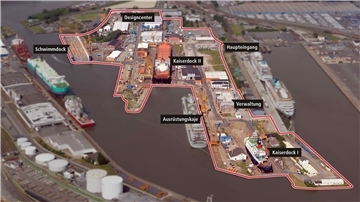 Eine Werft ohne Flächen: Die 260.000 Quadratmeter große Betriebsfläche (rot umrandet) war 2012 aus dem Werftvermögen ausgegliedert worden. Diese Vermögenswerte befinden sich in einer Besitzgesellschaft, die jetzt vom Insolvenzverwalter der MV Werften kontrolliert wird. Ohne sie ist der Verkauf und damit die Rettung der Werft unmöglich.