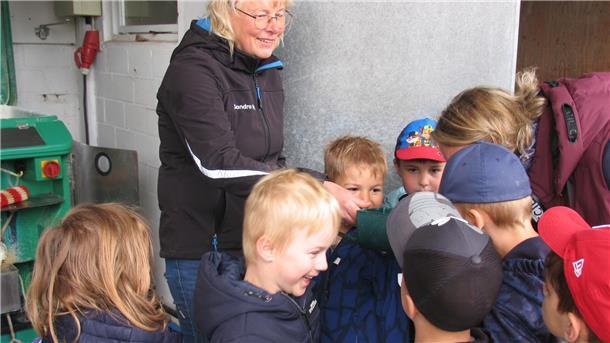 Tag der Milch: Vituszwerge aus Zeven besuchen das Bauernhof-Klassenzimmer Eine Gruppe von Kindern umringt eine Frau, die eine Schaufel zum Schnuppern in die Menge hält
