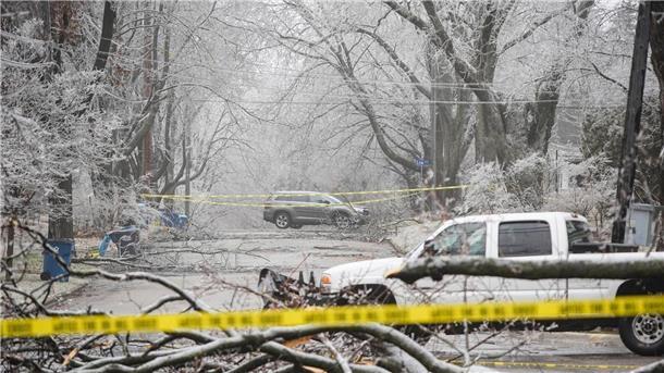 Wintersturm fegt über die USA - Ein Feuerwehrmann tot Eissturmschäden blockieren eine Straße in Kalamazoo.