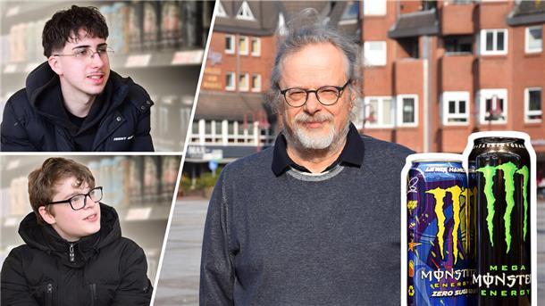 Influencer werben für Energydrinks: Nordenhamer Arzt warnt vor Folgen Das Foto ist eine Collage aus Schülern der Oberschule 1 in Nordenham, links im Bild, dem Kinderarzt Dr. Tilman Kaethner und zwei Energydrink-Dosen.
