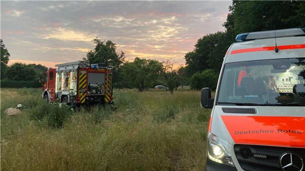 Fahrzeuge von Feuerwehr und Deutsches Rotes Kreuz stehen an einer Wiese.