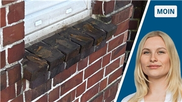 Außenfensterbank eines Backsteinhauses mit brauner Schmiere links. Rechts im Bild Redakteurin Marie Petersen. Die Bilder sind zusammengefügt und werden durch eine weiße Linie getrennt. 