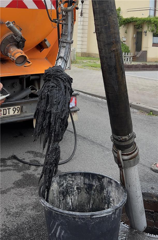 „Zöpfe“ aus Feuchttüchern, Haaren und anderem Müll, der aus der Kanalisation in Nordenham gefischt wurde.