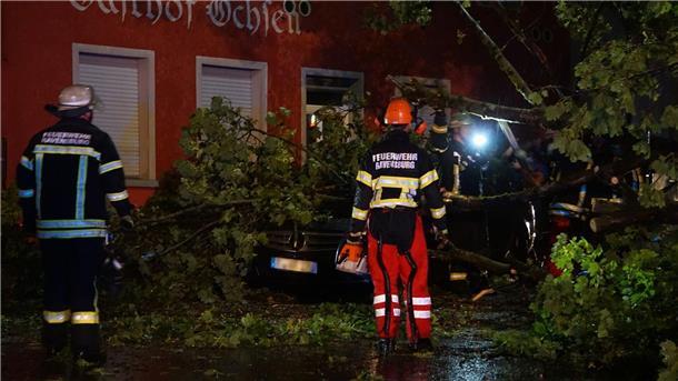 Feuerwehrleute beseitigen einen Baum, der im baden-württembergischen Ravensburg auf ein Auto gestürzt ist.