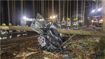 Feuerwehrleute betrachten das Auto im österreichischen Aurolzmünster, das in einen liegenden Baumstamm krachte.