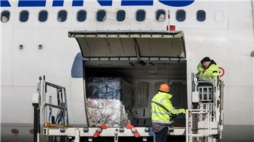 Flughafenmitarbeiter laden auf dem BER-Rollfeld  Paletten mit Hilfsgütern für die Türkei in ein Flugzeug der türkischen Fluggesellschaft Türkish Airlines.