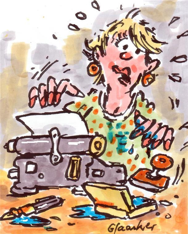 Eine Zeichnung zeigt eine Frau vor einer Schreibmaschine. 