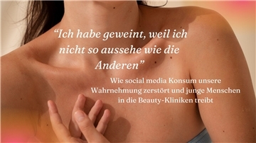 Eine Frau mit nacktem Dekolleté, darüber ein Zitat: „Ich habe geweint, weil ich nicht so aussehe wie die anderen“.