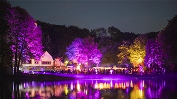Der Wald in Speckenbüttel ist mit bunten Lichtern hell erleuchtet.