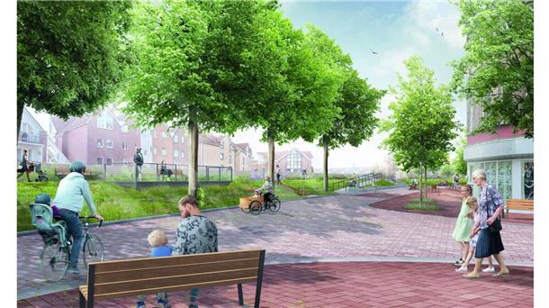 Eine Grafik zeigt das mögliche neue Stadtbild von Cuxhaven. Gegenüber dem Eingang zum Lotsenviertel am Alten Deichweg soll der Deichbalkon entstehen. 