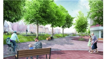 Eine Grafik zeigt das mögliche neue Stadtbild von Cuxhaven. Gegenüber dem Eingang zum Lotsenviertel am Alten Deichweg soll der Deichbalkon entstehen. 