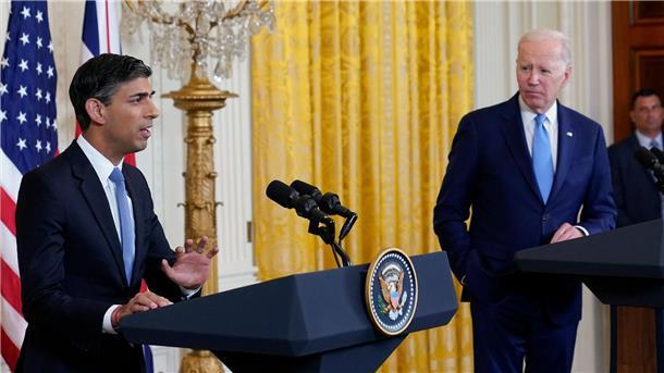 Show des Zusammenhalts: Sunak besucht Biden im Weißen Haus Großbritanniens Premierminister Rishi Sunak und US-Präsident Joe Biden geben eine Pressekonferenz im Weißen Haus.