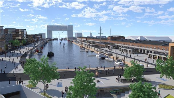 Hotels, Cafes, Restaurants, eine Markthalle: So soll der Alte Fischereihafen in Cuxhaven einmal aussehen, wenn das Projekt fertig ist. Ob der spektakuläre Hotelbau „Tor zur Welt“ am Eingang des Hafenbeckens realisiert werden kann, ist noch offen.