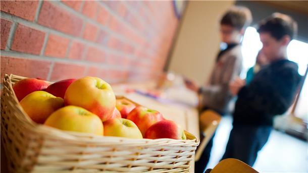 Ein Korb mit Äpfeln im Vordergrund, im Hintergrund sind einige Kinder zu sehen.