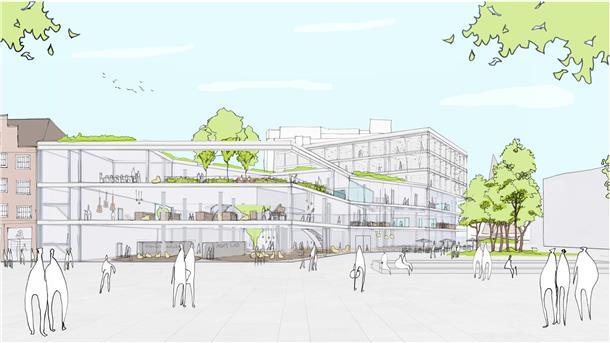 Karstadt-Gebäude in Bremerhaven soll komplett weg - Das sind die neuen Baupläne Eine Skizze eines neuen Gebäudes in der Innenstadt von Bremerhaven.