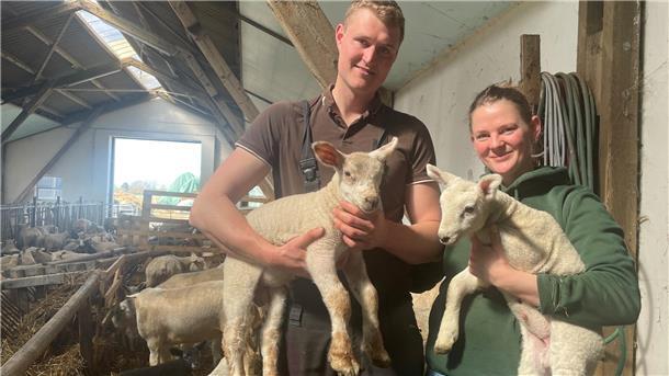 Mann und Frau mit je einem Lamm auf dem Arm im Stall