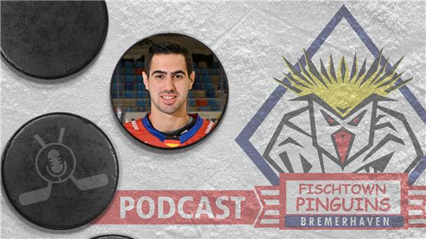 Gregory Kreutzer und das Podcast-Logo der Fischtown Pinguins.